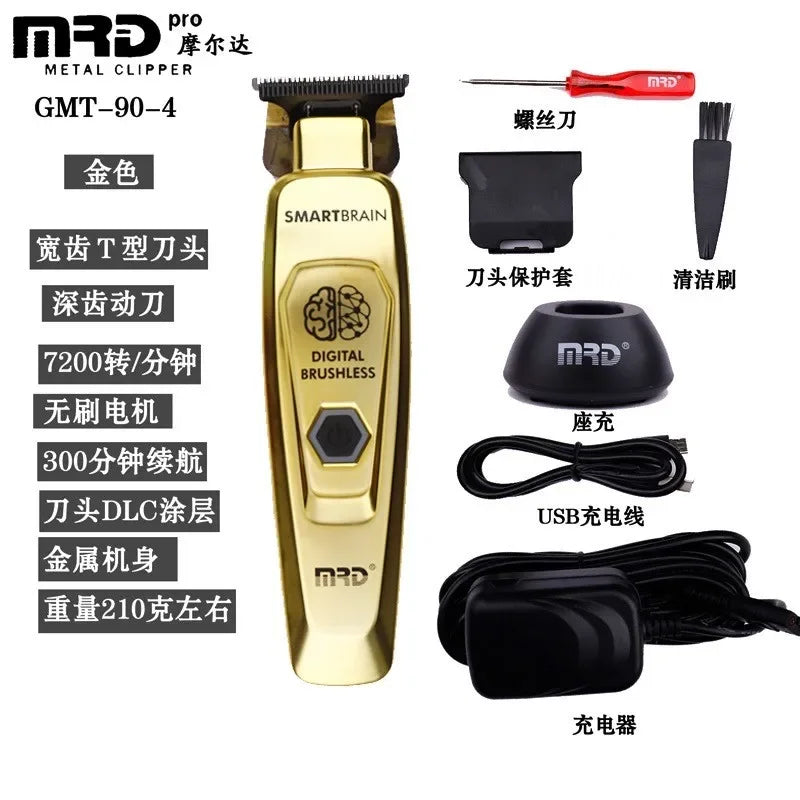 A gold and black electric hair clipper with various attachments shown for precision trimming.
