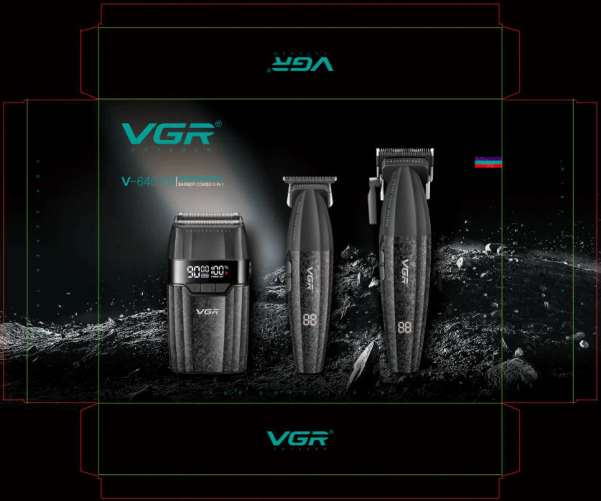 VGR V-640 Haarschneider im Kontrast zu einem dunklen, strukturierten Hintergrund.