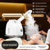 A woman is using a white 360° rotatable facial steamer device for deep cleansing and hydration.