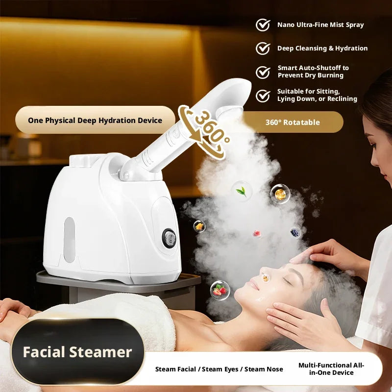 A woman is using a white 360° rotatable facial steamer device for deep cleansing and hydration.