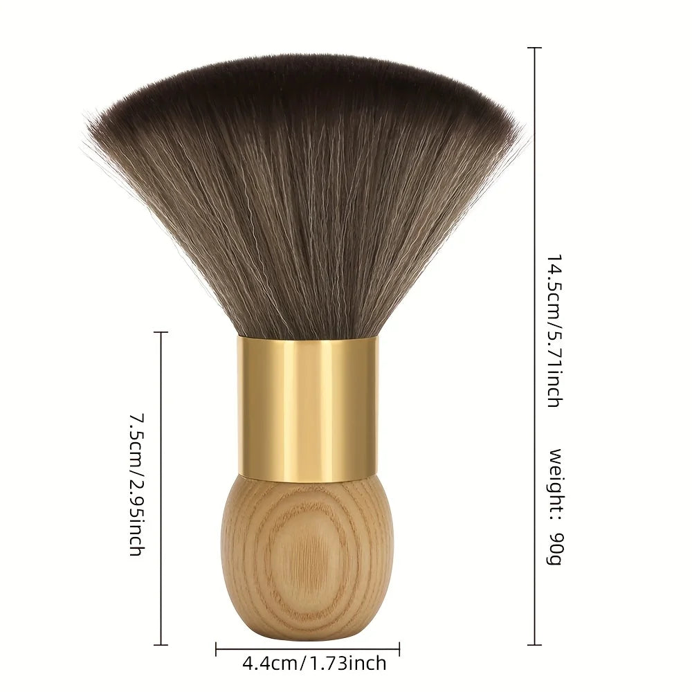 A professional hair duster brush with a wooden handle and dark bristles, shown in a vertical view.