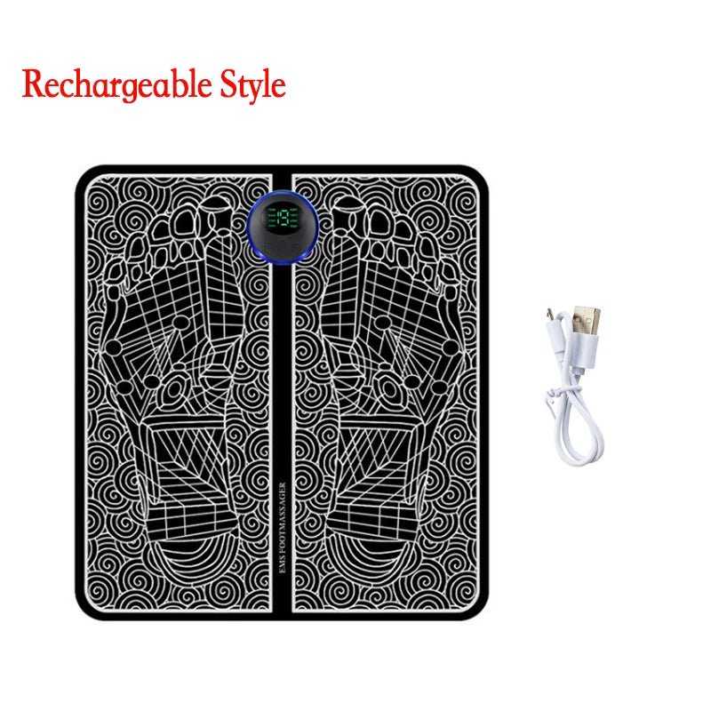 A black portable EMS foot massager device with a glowing indicator and a separate charging cable.
