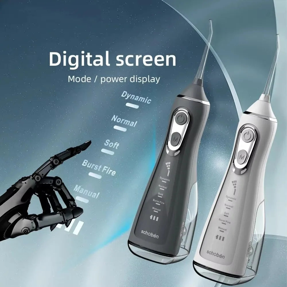 A silver portable USB rechargeable oral irrigator with a digital screen display options for mode and power.
