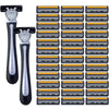 A set of stainless steel safety razors with replaceable triple-blade heads arranged in a grid.