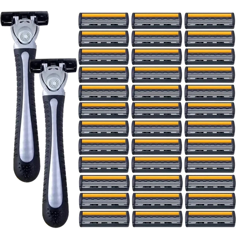 A set of stainless steel safety razors with replaceable triple-blade heads arranged in a grid.
