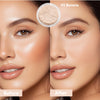 Before and after comparison showing the effect of a banana setting powder on skin and lips.