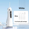A white professional rechargeable oral irrigator device with multiple tips is shown on a stand.