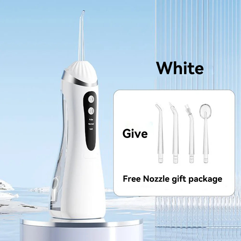 A white portable rechargeable oral irrigator device with multiple nozzles is shown against a light blue background.