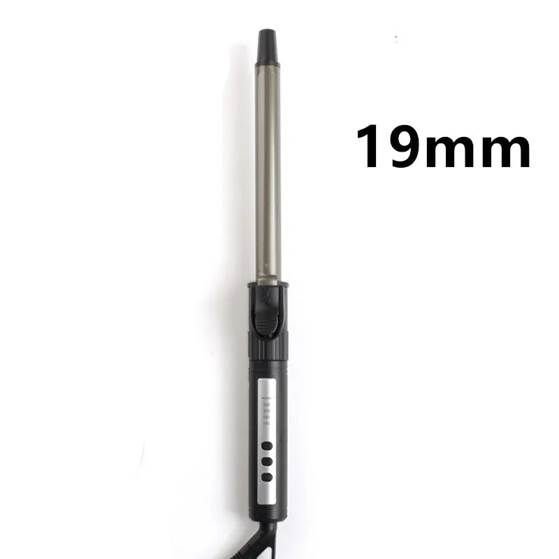 A long, cylindrical ceramic hair curling iron with a silver barrel and black handle, labeled 19mm.