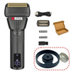 A black precision rotary hair trimmer with various attachments including a guard, blades, and a rubber ring.