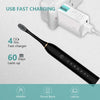 A black sonic electric toothbrush is shown next to its USB fast charger and power bank.