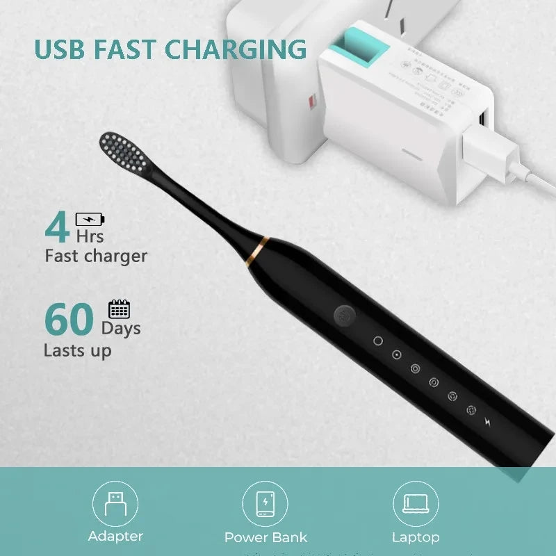 A black electric toothbrush is shown next to its USB fast charger and various power adapter options.