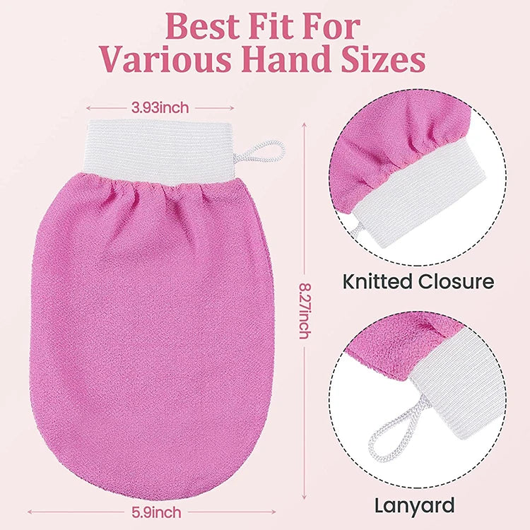Pink exfoliating body scrubbing gloves with a knitted closure and lanyard shown in various sizes.