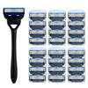 A black stainless steel safety razor with multiple replacement blades displayed in clear plastic holders.
