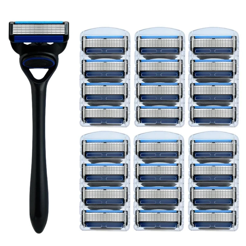 A black stainless steel safety razor with multiple replacement blades displayed in clear plastic holders.