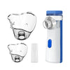 A handheld medical nebulizer device with a clear cup, white body, and blue accents.