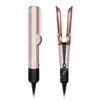 Vista vertical de un secador y plancha profesional de cabello 2 en 1 en oro rosa.