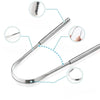 Stainless steel tongue scraper set showing various angles and components for cleaning the tongue.
