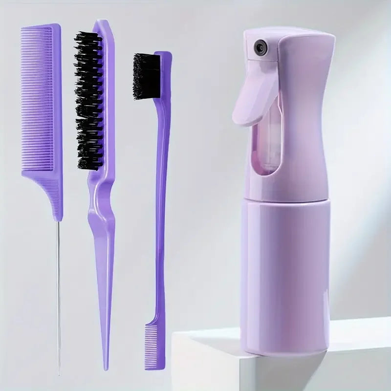 Ensemble de peignes pour coiffure professionnelle violet : peigne à paume, peigne à vent et peigne fin.