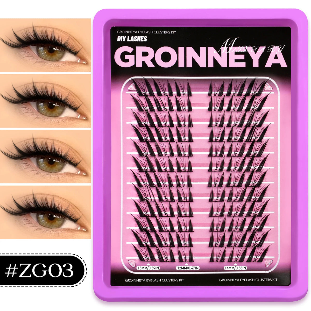 Kit plastique violet pour clusters de cils DIY, montrés avec des cils appliqués sur un mannequin