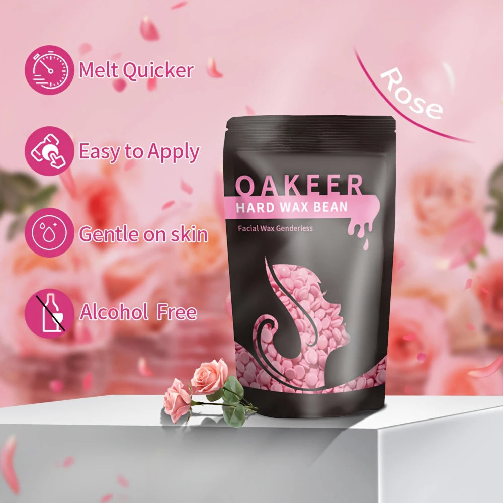 A black jar of Oakeer Hard Wax Bean facial wax is displayed against a pink floral background with feature callouts.