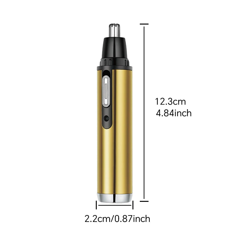 A vertical view of a gold and black multi-functional electric hair trimmer with dimensions listed.