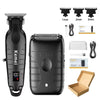 A black electric hair and beard trimmer set with various guards, a manual, and a box.