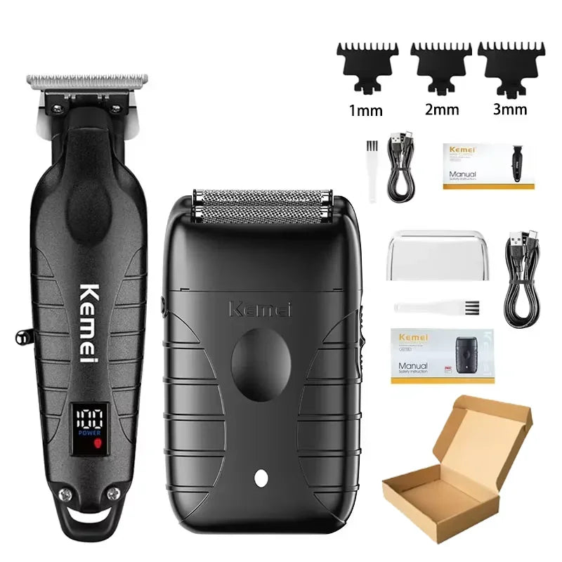 A black electric hair and beard trimmer set with various guards, a manual, and a box.