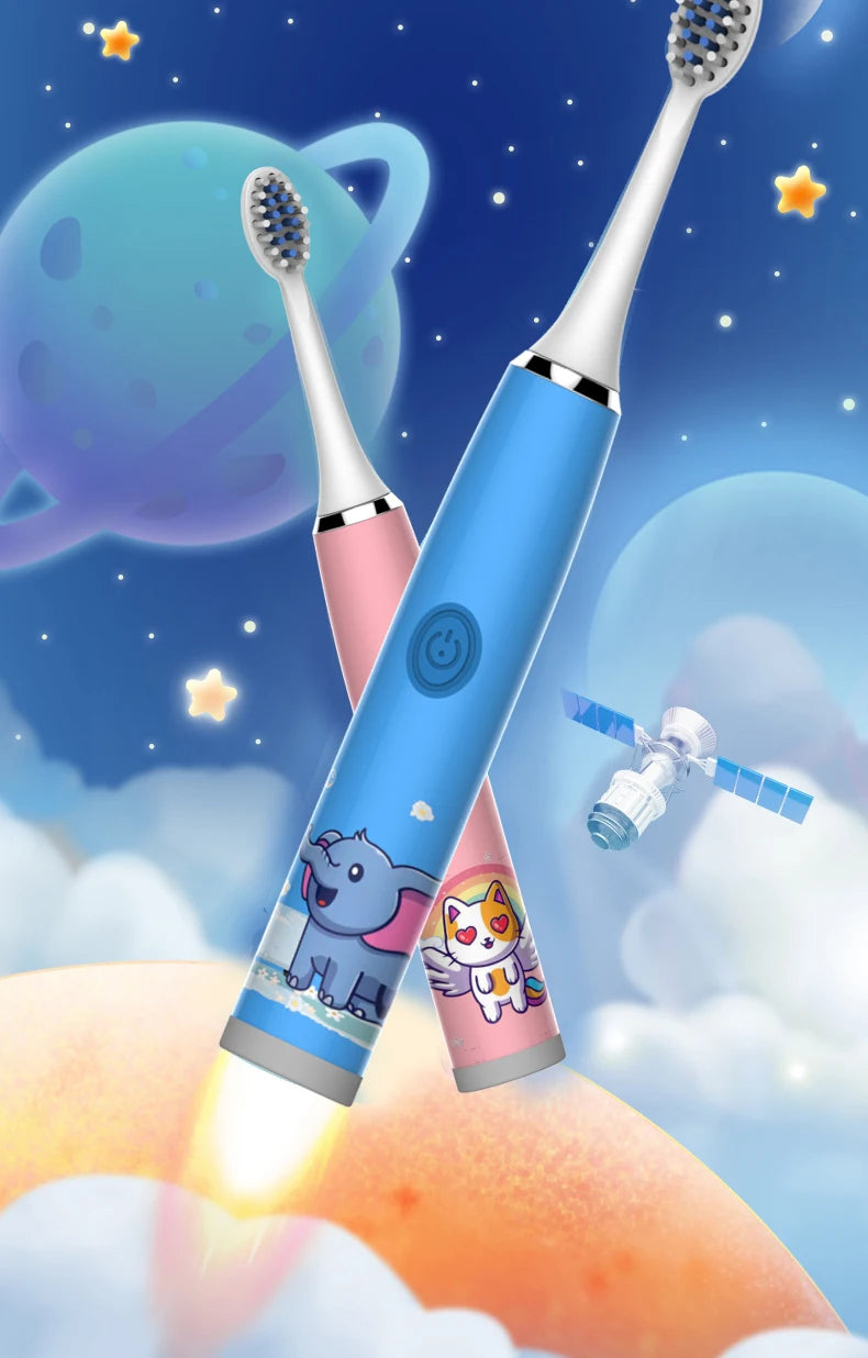 A children's electric toothbrush with a blue handle and pink accents is shown against a starry night sky with planets and clo