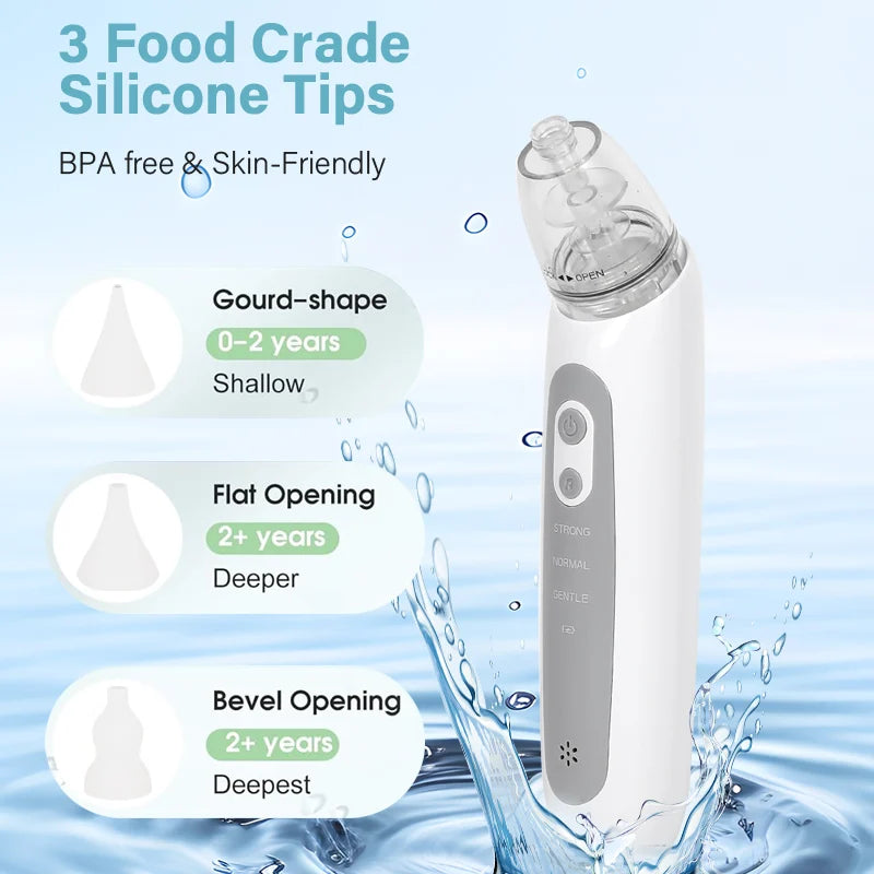 A white electric nasal aspirator device is shown with diagrams illustrating three food grade silicone tips for different age 