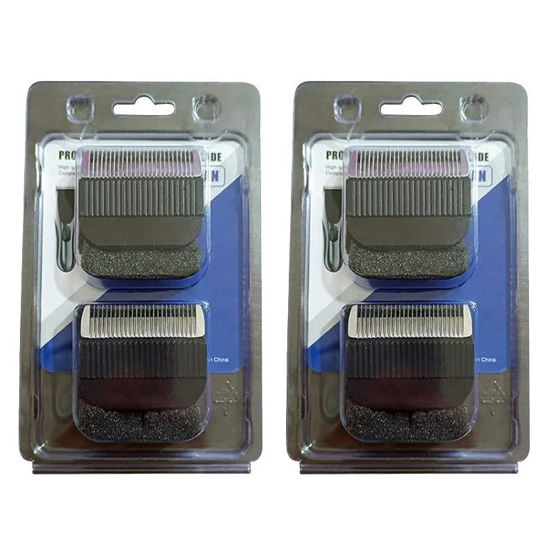 A pair of black hair clipper blades packaged in clear plastic with a blue background.