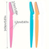 A set of pink and orange stainless steel eyebrow trimmers with various sizes shown next to a measurement scale.