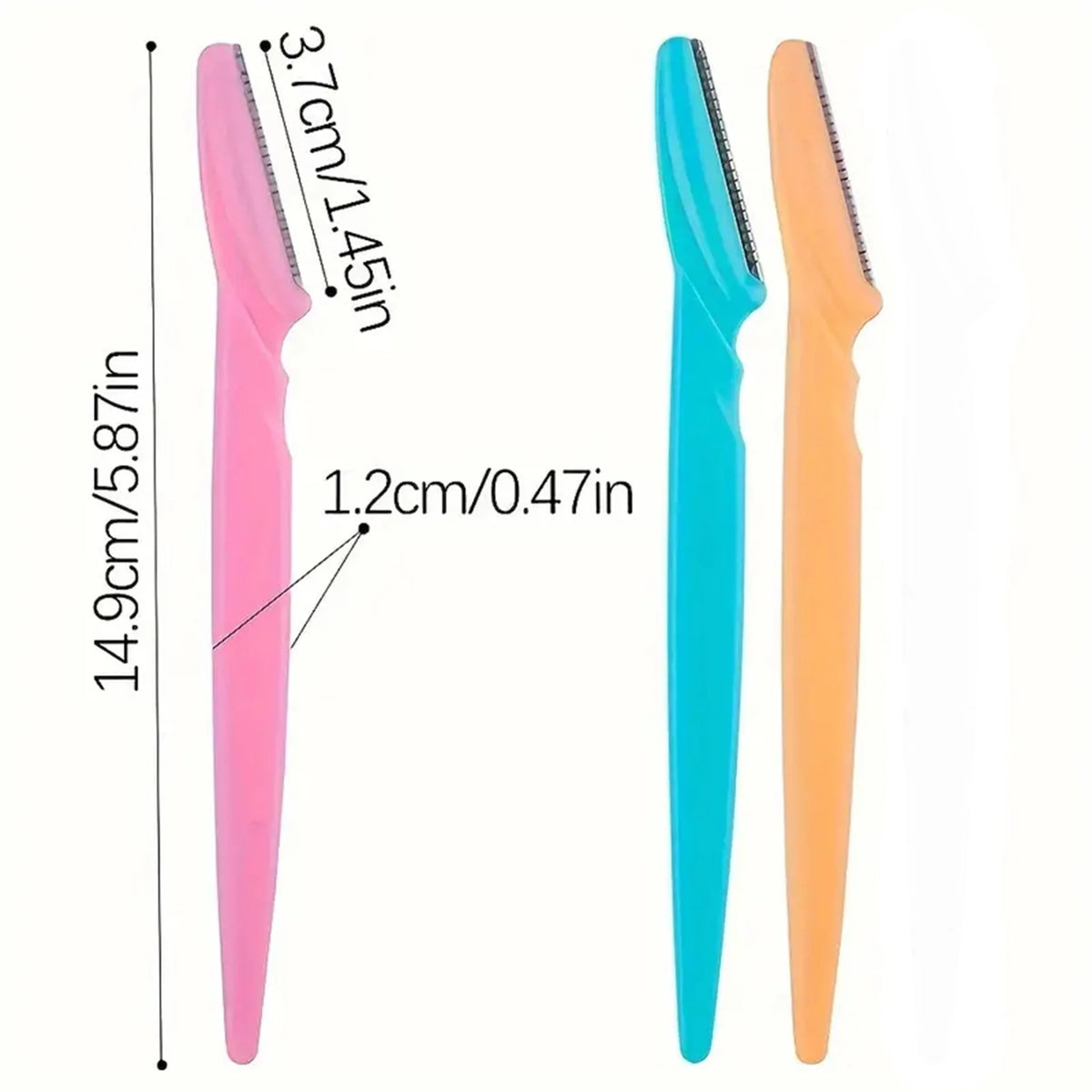 A set of pink and orange stainless steel eyebrow trimmers with various sizes shown next to a measurement scale.