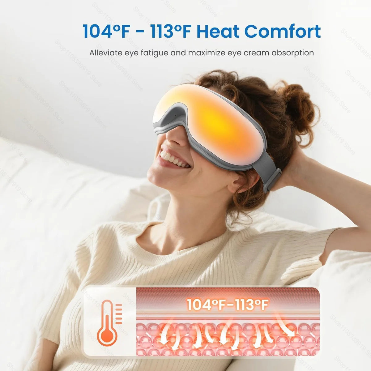 A woman is using a heated eye massager, which emits warm light, to relieve eye fatigue.