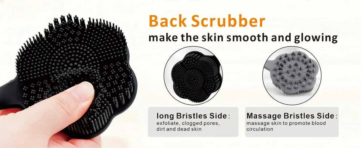 A black back scrubber silicone brush with a long handle is shown next to text describing its dual-sided features.