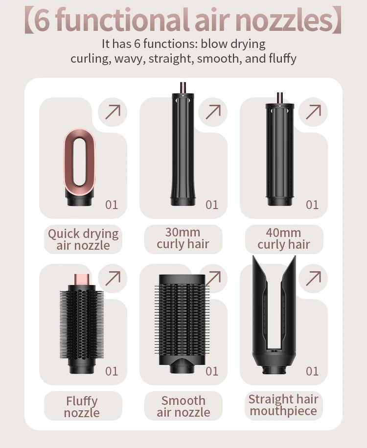 A set of six functional air nozzles for hair styling including drying, curling, wavy, straight, smooth, and fluffy finishes.