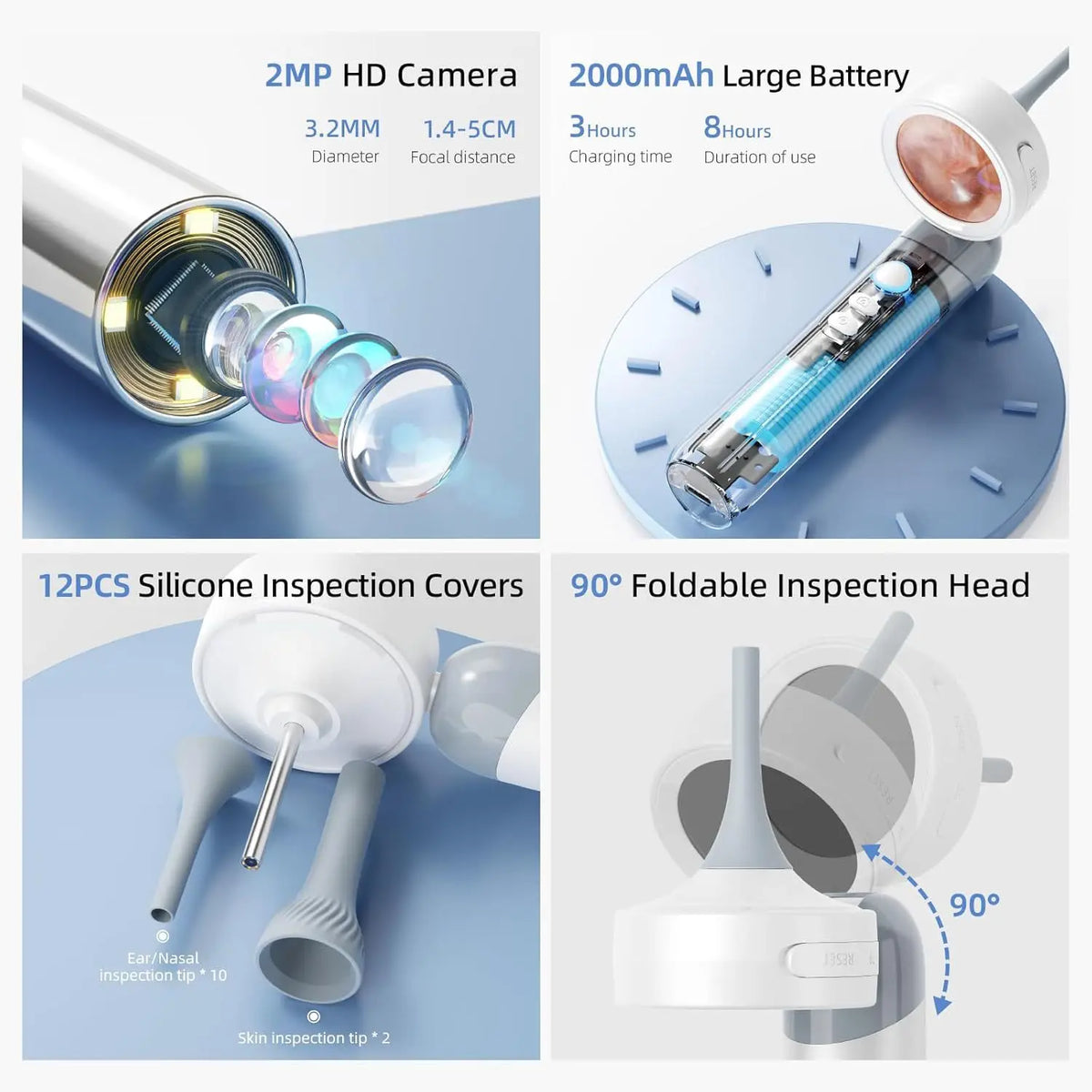 A set of portable HD ear cameras includes a 2MP camera, a 2000mAh battery, silicone inspection covers, and a 90-degree foldab