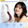 A woman smiling while holding a white electric silicone nose shaper device with various function icons visible.