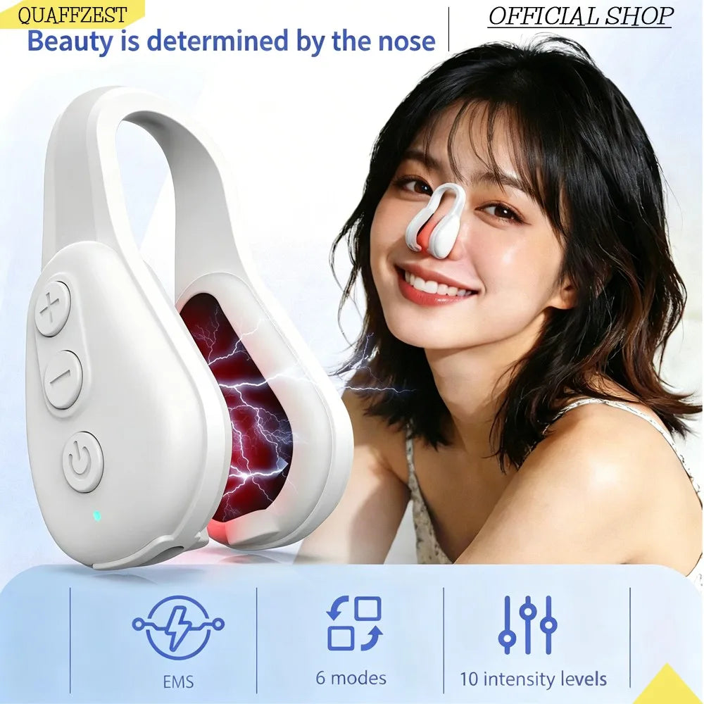 A woman smiling while holding a white electric silicone nose shaper device with various function icons visible.