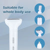 A white electric hair remover device shown with various components and usage examples.