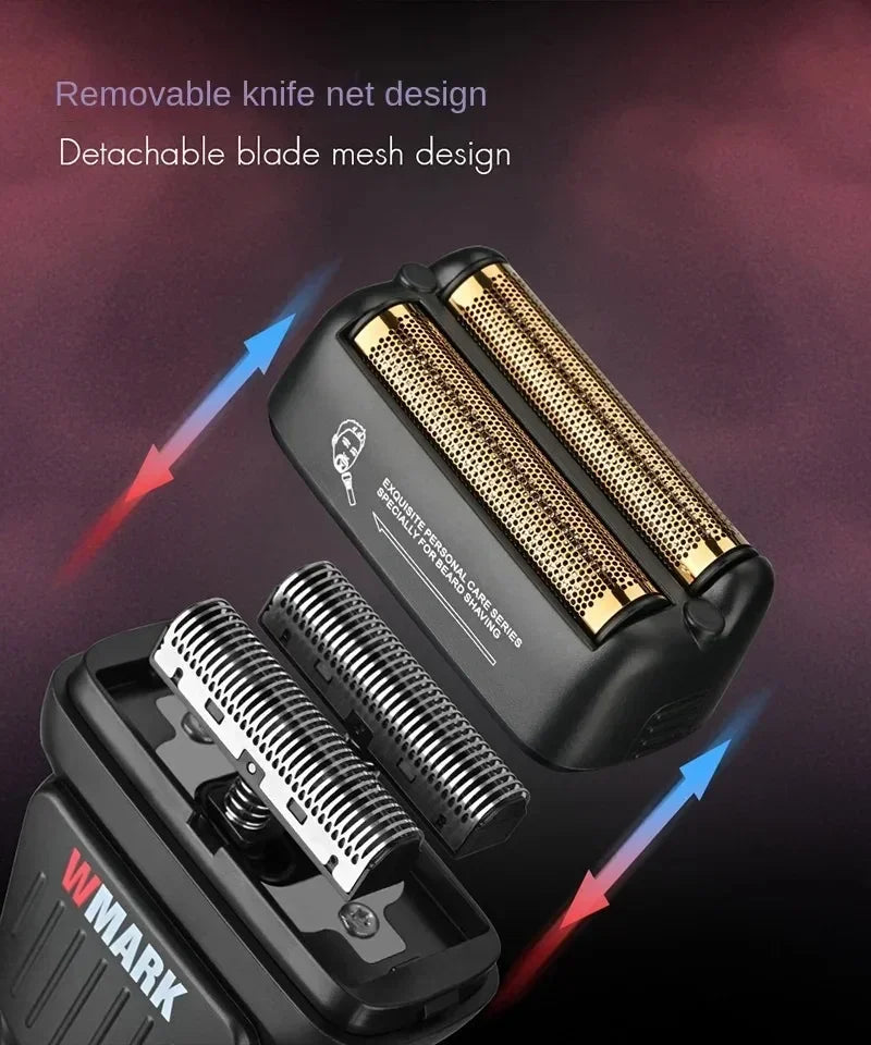 Close-up view of a black electric hair shaver with removable and detachable blade mesh designs.