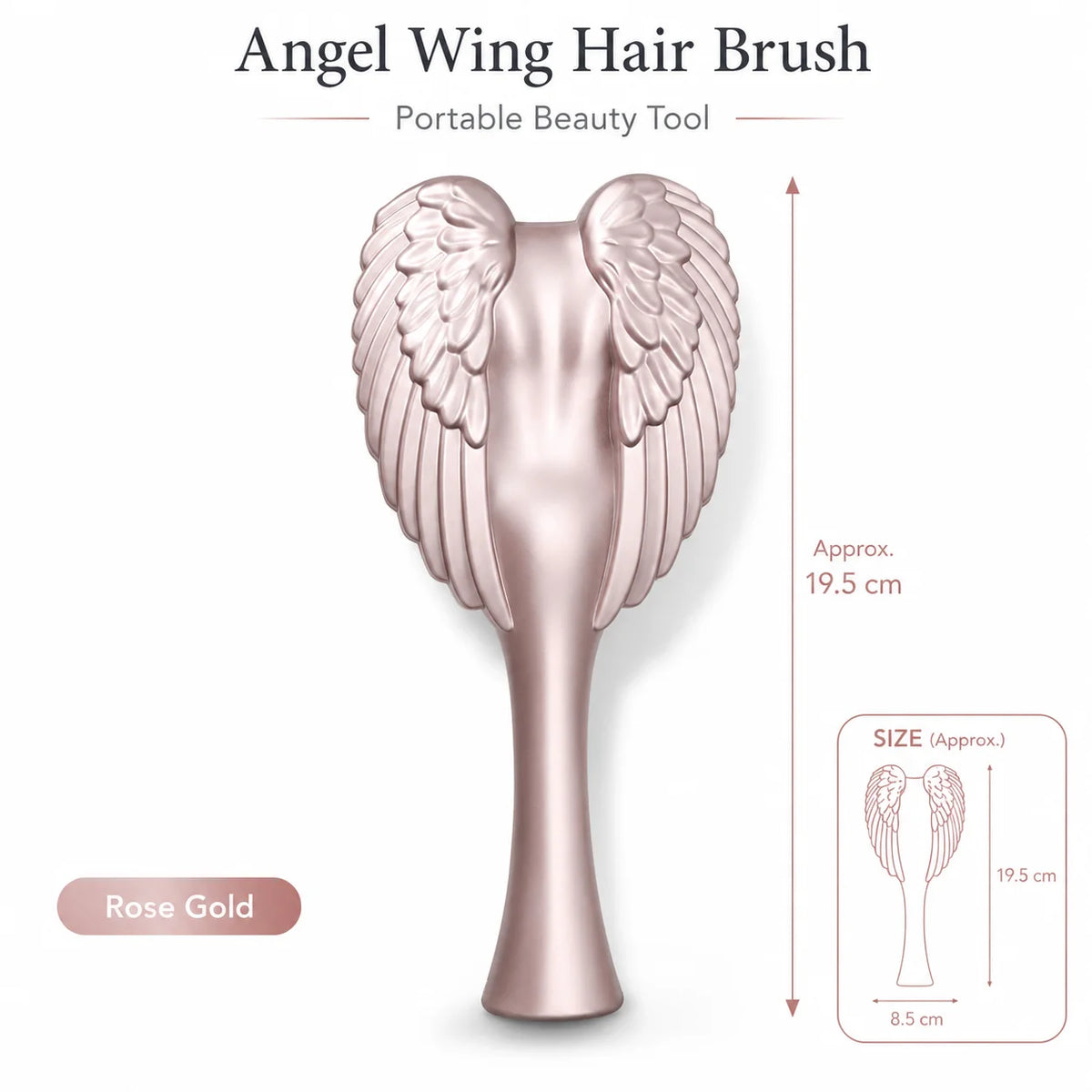 Rose gold angel wing hair brush with a tapered handle and detailed feather design
