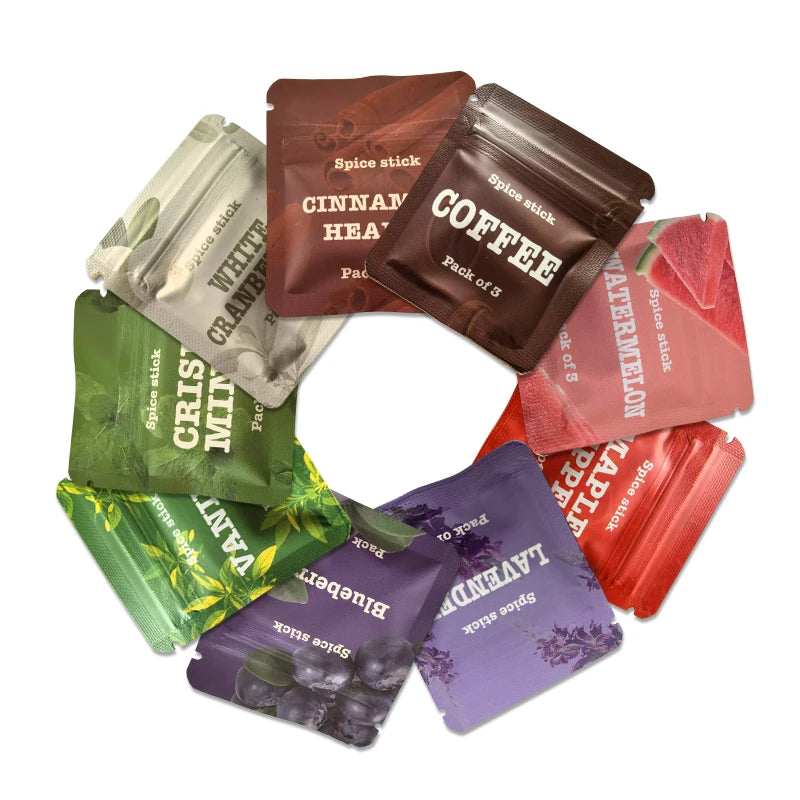 Collection d'huiles essentielles en bâtonnets d'épices : cannelle, café, lavande et menthe poivrée