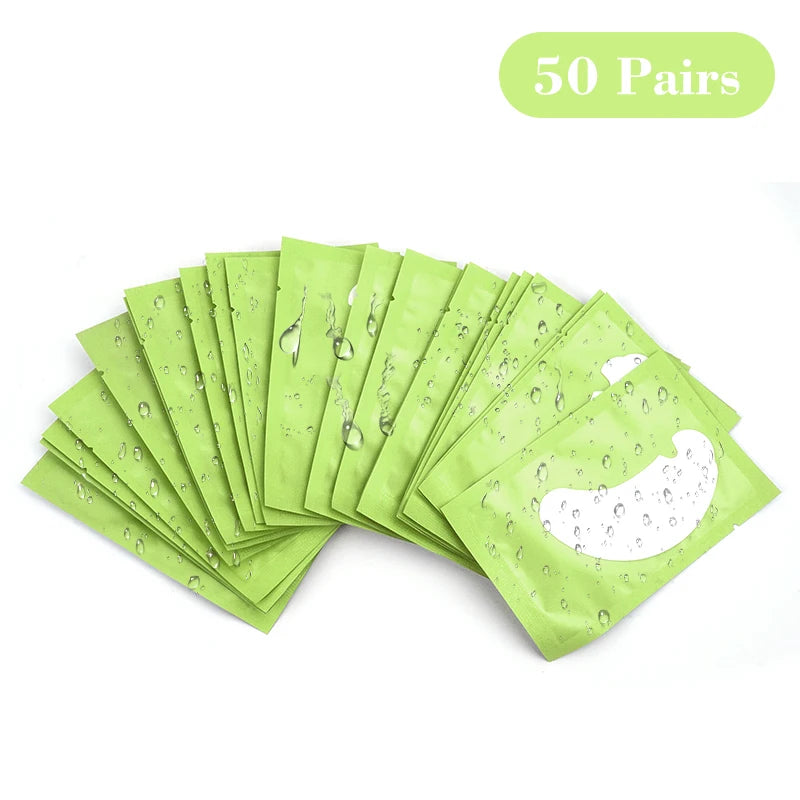 Pile de 50 paires de masques hydrogels verts pour extensions de cils.