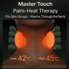 A close-up of a palm-heat therapy device being applied to the neck area, showing temperature settings of 42°C and 45°C.