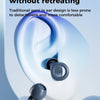 A close-up of a dark blue silicone ear plug resting on a white circular base, set against a light blue background.