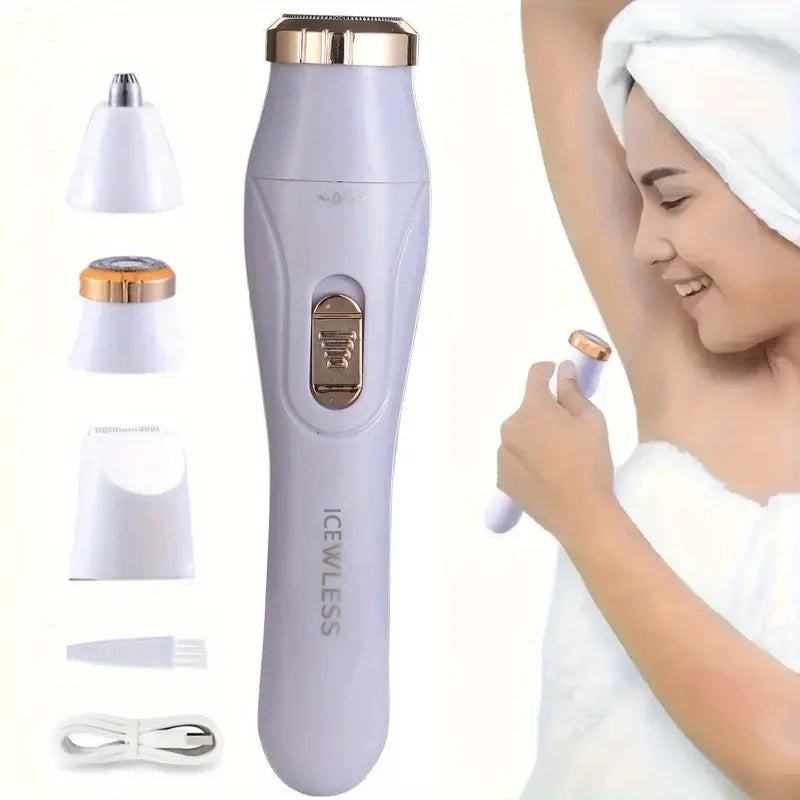 A purple ice-less hair and eyebrow trimmer shown with various attachments and in use on a woman's face.
