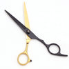 A pair of professional stainless steel hairdressing scissors with gold and black handles.