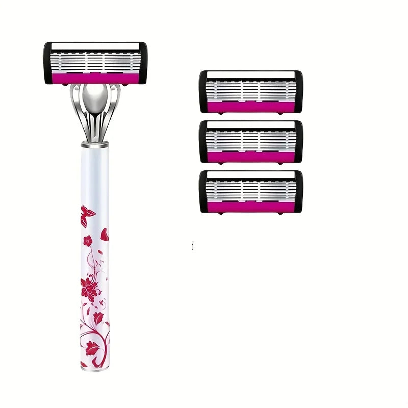 Stainless steel multi-layer body hair removal razor with pink and white accents