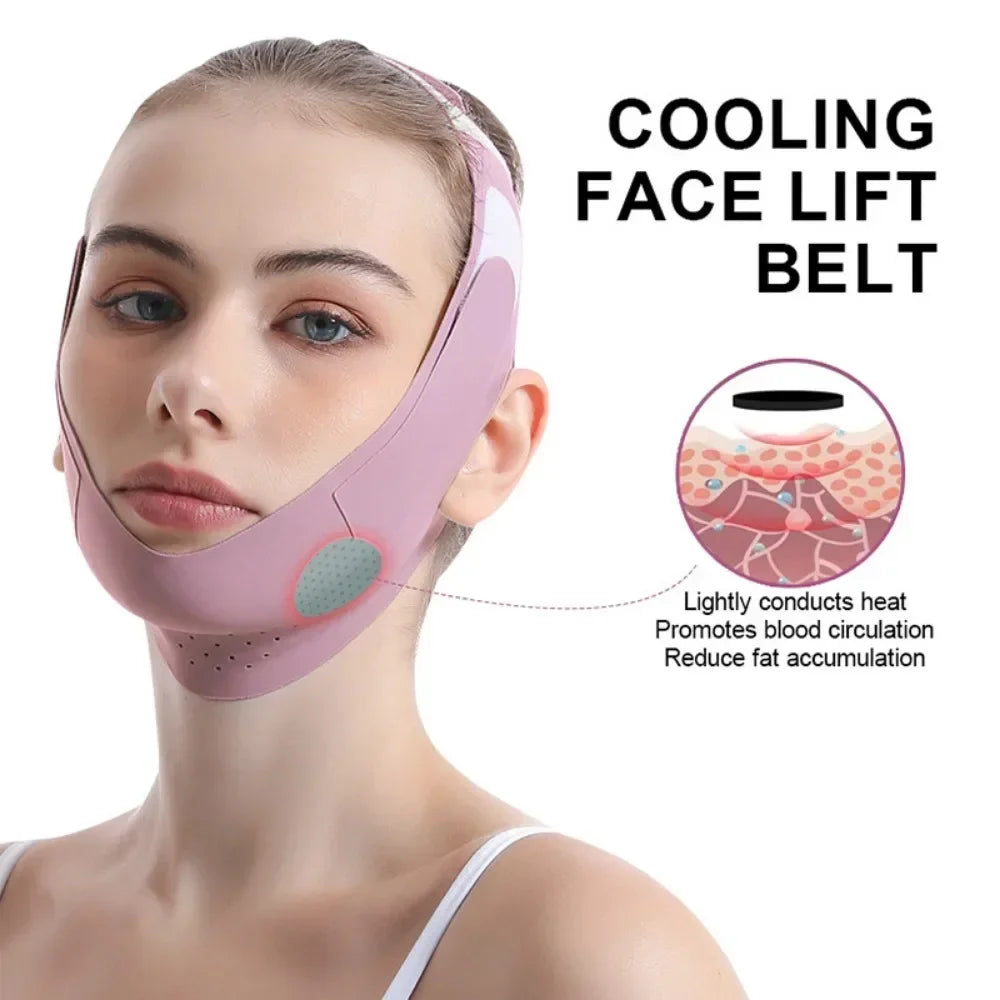 A woman wearing a pink cooling face lift belt for slimming and lifting.